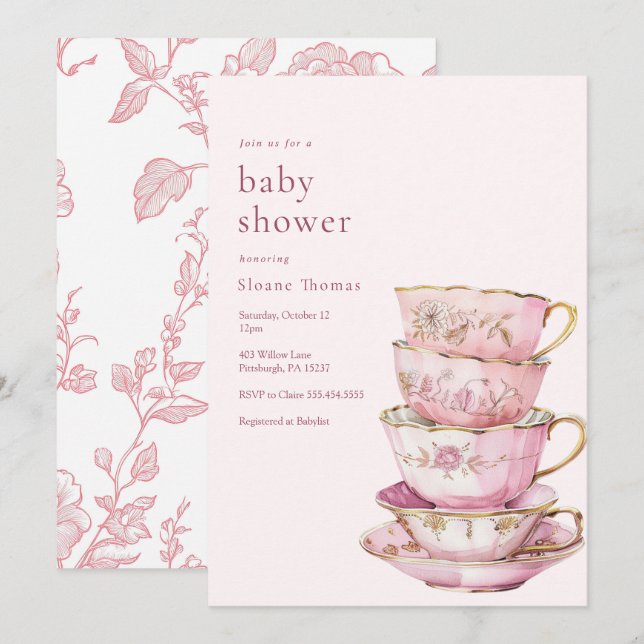 Invitation Temps rose pour l'invitation au Baby shower de thé (Devant / Derrière)