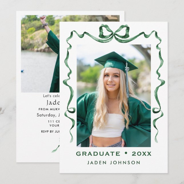 Invitation Tendance Bow Ribbon 2 PHOTO Graduation Party I (Devant / Derrière)
