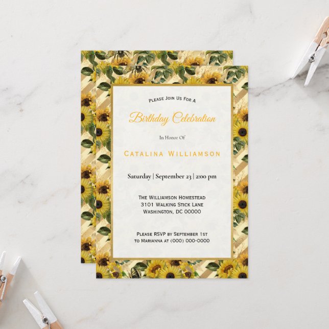 Invitation Tendance des abeilles de tournesol jaune rayé Anni (Devant/Arrière en situation)