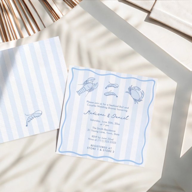 Invitation tendance dessinée à la main pour une fê (Trendy hand-drawn blue and white seafood boil invitation with modern stripes and wavy border)