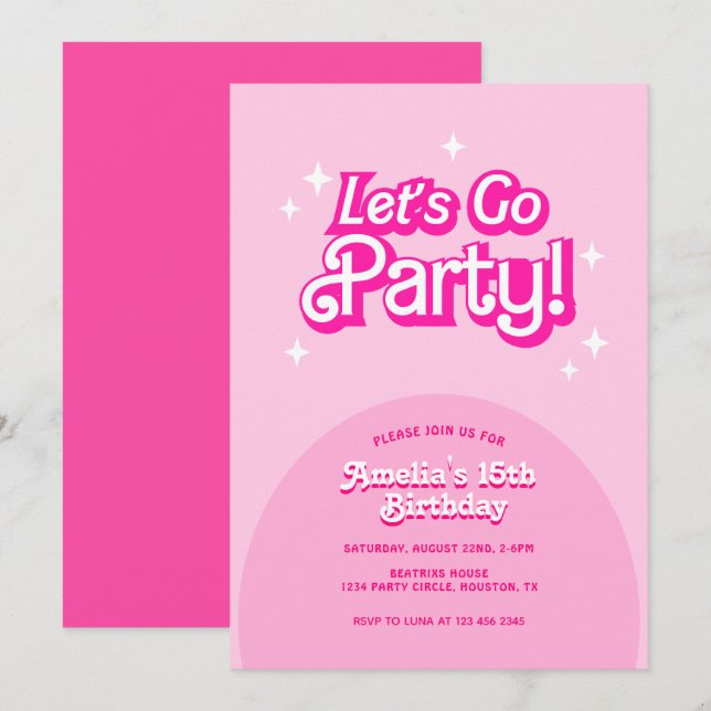 Invitation tendance Let's Go Party rose anniversaire (Devant / Derrière)
