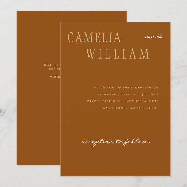Invitation Tendance Mariage moderne Cinnamon Terracotta Gold (Devant / Derrière)
