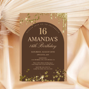 Invitation Tendance Marron et Or Fausse Goutte de Glitter Ann