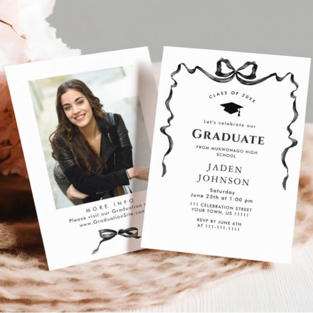 Invitation Tendance Neutral Bow Ribbon Fête de Graduation PHO (Créateur téléchargé)