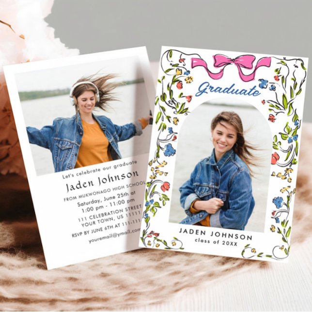 Invitation Tendance Pink Bow Ribbon 2 PHOTO Graduation Party (Créateur téléchargé)
