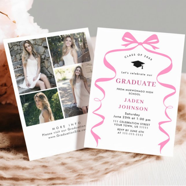 Invitation Tendance Pink Bow Ribbon 4 PHOTO Graduation Party (Créateur téléchargé)
