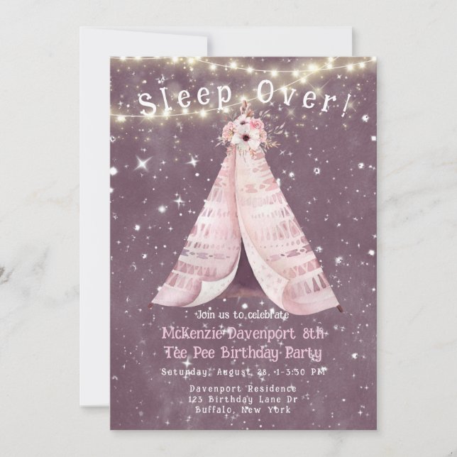 Invitation Tendance rose violet Tee Pee Fille Anniversaire (Devant)
