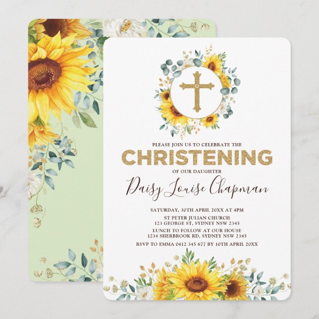 Invitation Tendance Tournesol Vert Jaune Or Christening (Devant / Derrière)
