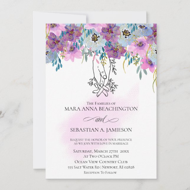 Invitation *~* Tenir les mains rose Fleurs Mariage blanc (Devant)