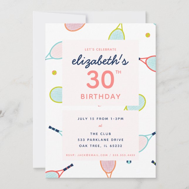 Invitation Tennis Anniversaire Coral Bleu Vert Coutume (Devant)
