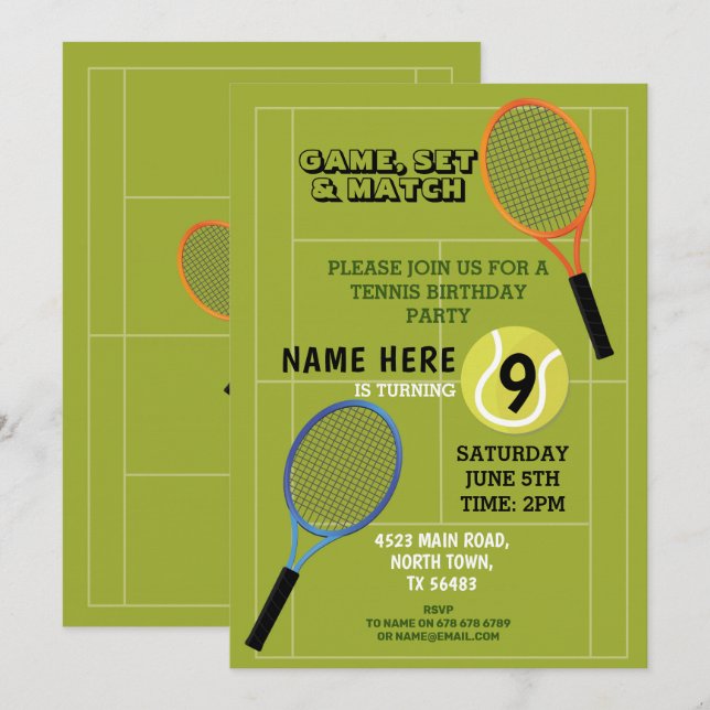 Invitation Tennis Anniversaire Soirée Sport Ball Rackets Cour (Devant / Derrière)