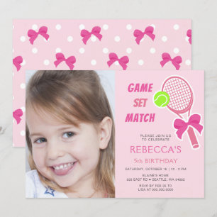 Invitation Tennis Coquette Pink Bow Photo Girl Anniversaire