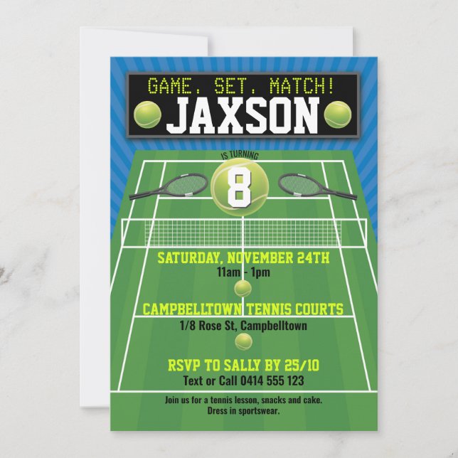 Invitation Tennis Court Balls Raquet Anniversaire (Devant)