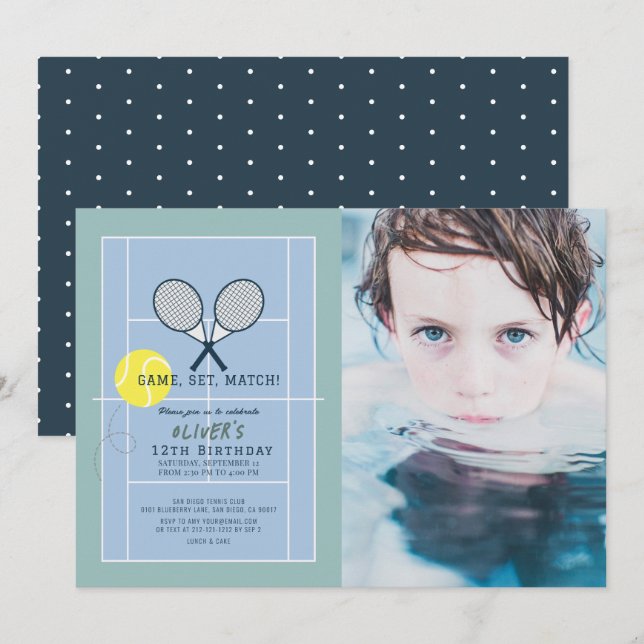 Invitation Tennis Court Racquet Blue Boy Photo Anniversaire (Devant / Derrière)