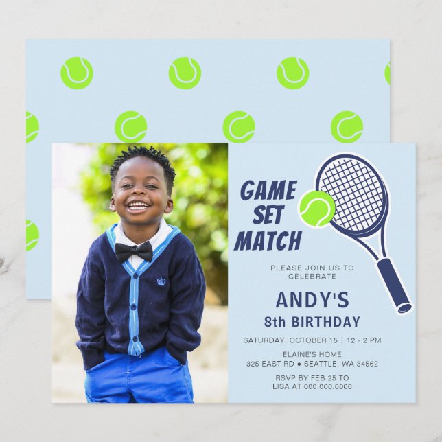 Invitation Tennis Racquet Blue Boys Photo Anniversaire (Devant / Derrière)