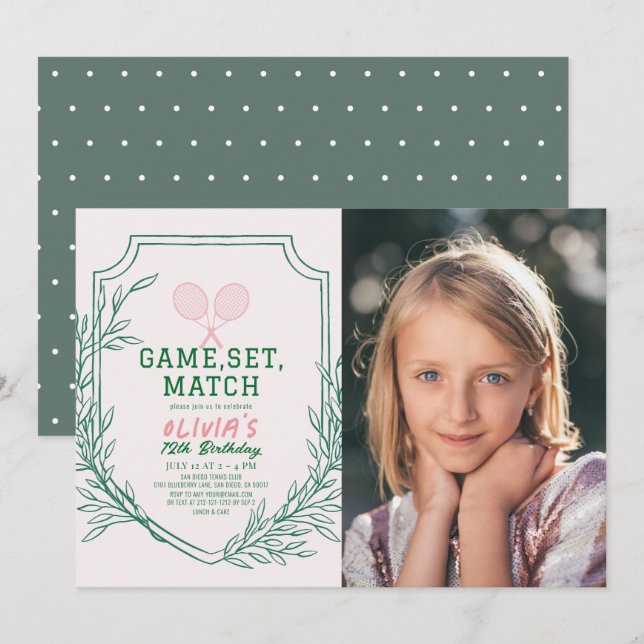 Invitation Tennis Racquet Retro Rose & Green Girl Anniversair (Devant / Derrière)
