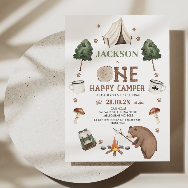 Invitation Tente d'ours Brown moderne une joyeuse année de Ca (Boys Happy Camper Birthday Invitation Brown Bear tent Camp Fire Camping Themed 1st Birthday Template)