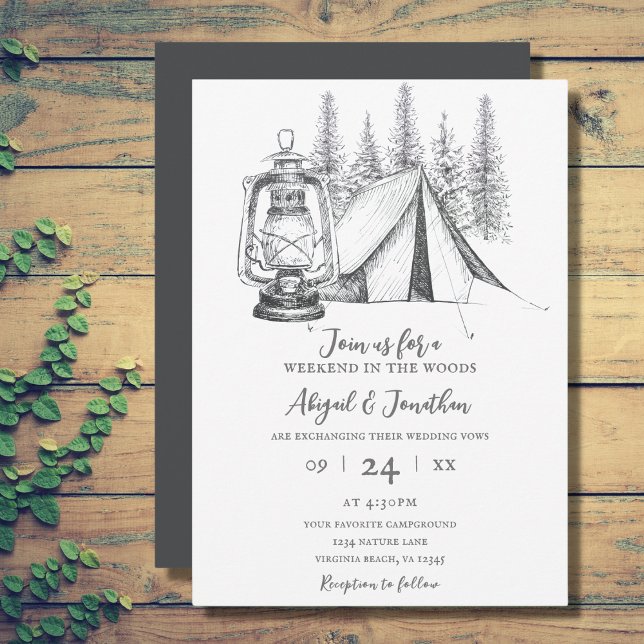 Invitation Tente, lanterne et bois croquis Mariage de camping (Tent, Lantern and Woodland Sketch Camping Wedding Invitation)