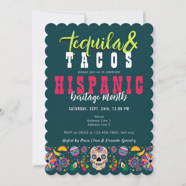 Invitation Tequila Margaritas Tacos Fiesta du patrimoine hisp (Devant)