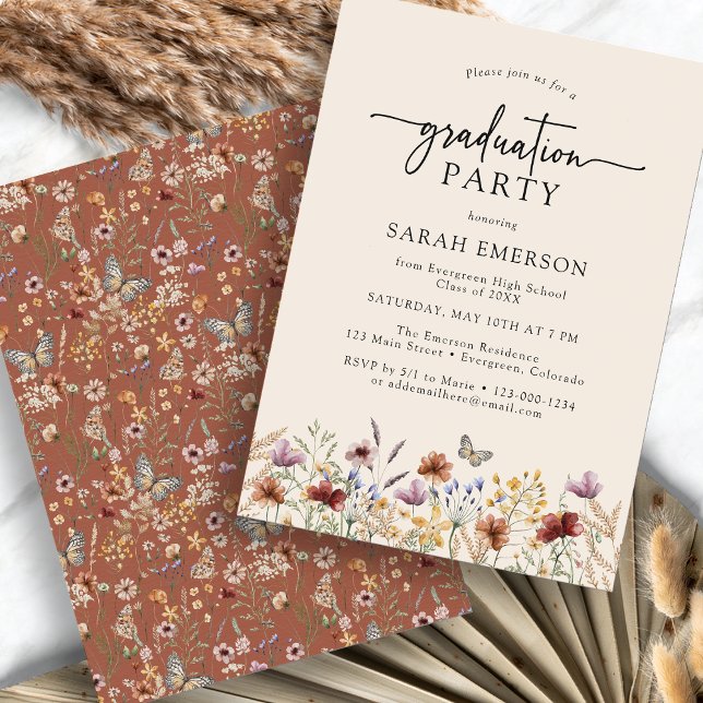 Invitation Teracotta Boho Graduation (Terracotta Boho Floral Graduation Invitation with Butterfly by Painted Paperie
)