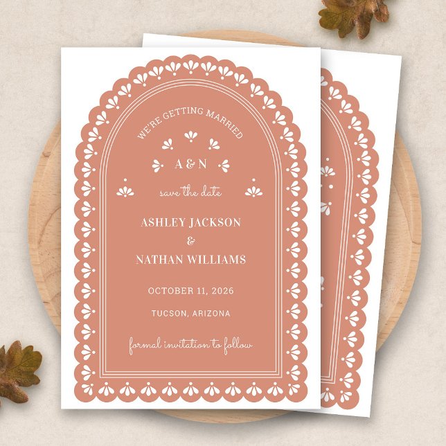 Invitation Terra Cotta Arch Automne Enregistrer La Date (Terra Cotta Arch Autumn Save The Date by Fiesta Valley Print)