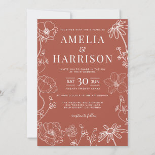Invitation Terra Cotta Burnt Orange Floral Line Mariage