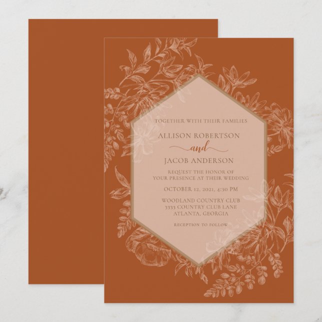 Invitation Terra Cotta Mariage floral géométrique (Devant / Derrière)