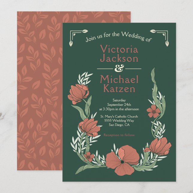Invitation Terracotta & Artiste Vert Mariage Floral (Devant / Derrière)