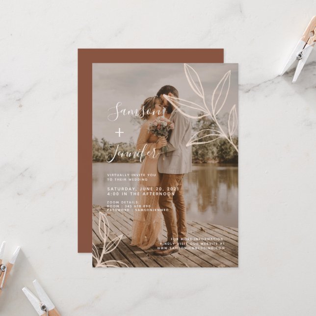 Invitation Terracotta avec Feuille Boho Photo Overlay Mariage (Devant/Arrière en situation)