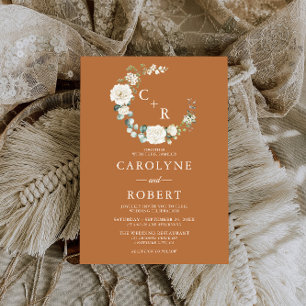 Invitation Terracotta & blanc Floral Monogramme Mariage de co
