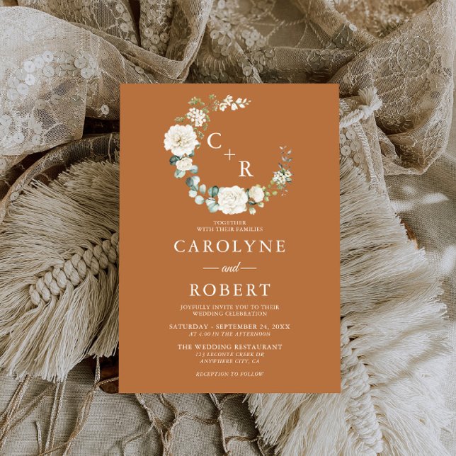 Invitation Terracotta & blanc Floral Monogramme Mariage de co (Créateur téléchargé)