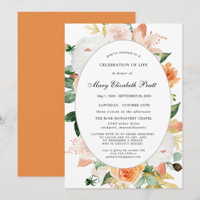 Invitation Terracotta Blanc Rose Floral Célébration de la vie (Devant / Derrière)