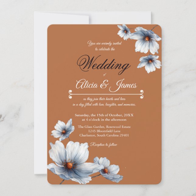 Invitation Terracotta Bleu Floral Chic Anémonique Mariage d'a (Devant)
