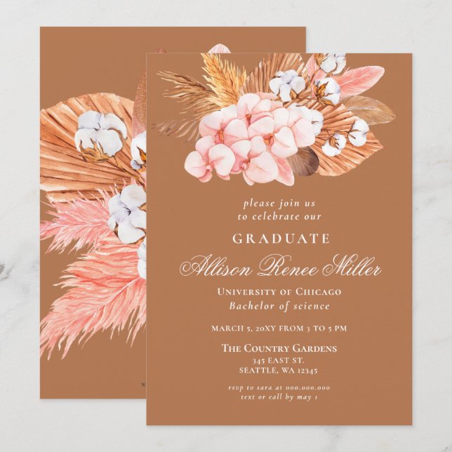 Invitation Terracotta Boho Pampas Floral Graduation Party (Devant / Derrière)