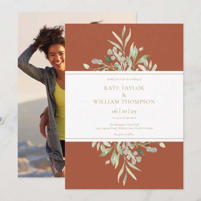 Invitation Terracotta Botanical Greenery Mariage photo (Devant / Derrière)
