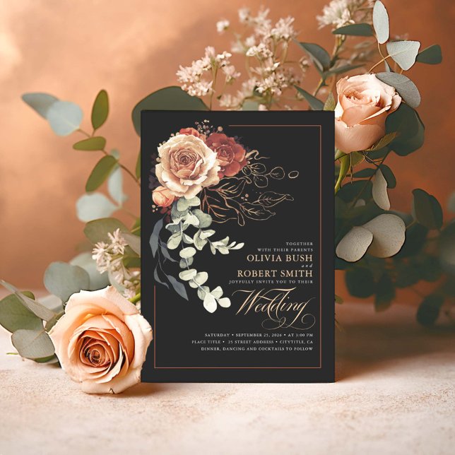 Invitation Terracotta Brûlé Orange Floral Boho noir Mariage (Black and Terracotta Boho Wedding Invitations)