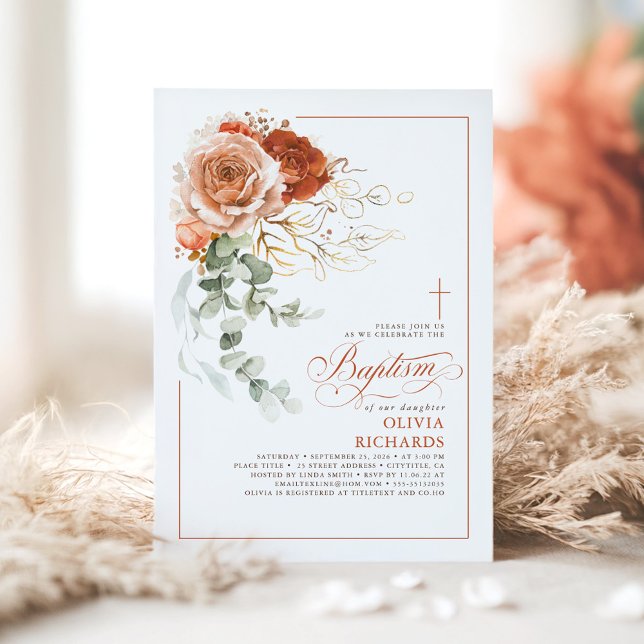 Invitation Terracotta Burnt Orange Eucalyptus Floral Baptême (Terracotta Baptism Invitation)