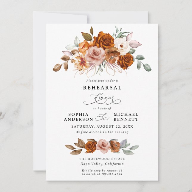 Invitation Terracotta Burnt Orange Floral Rehearsal Dinner (Devant)