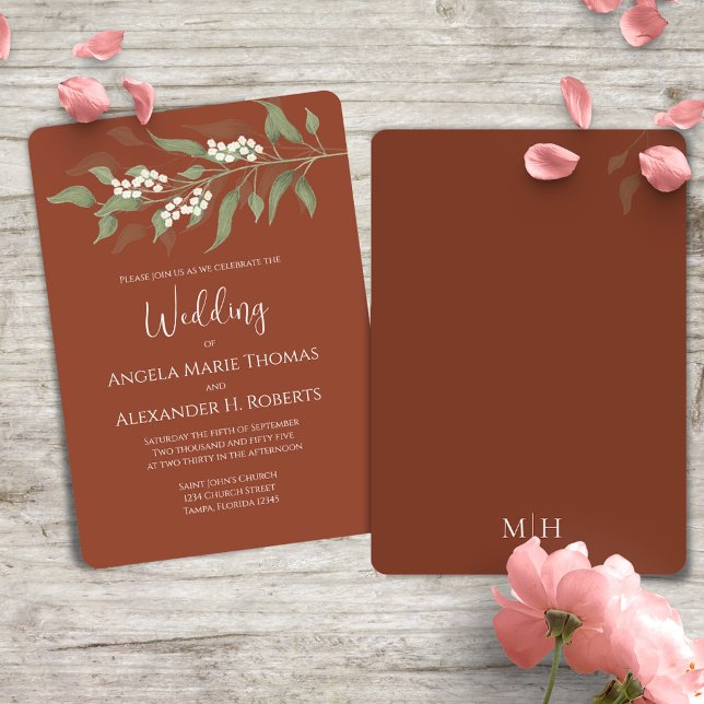 Invitation Terracotta Elégante Verdure Mariage sur mesure (Terracotta elegant wedding invitation with watercolor greenery and foliage. )