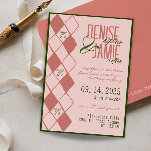 Invitation Terracotta et Jacquard vert Bow Preppy Mariage de