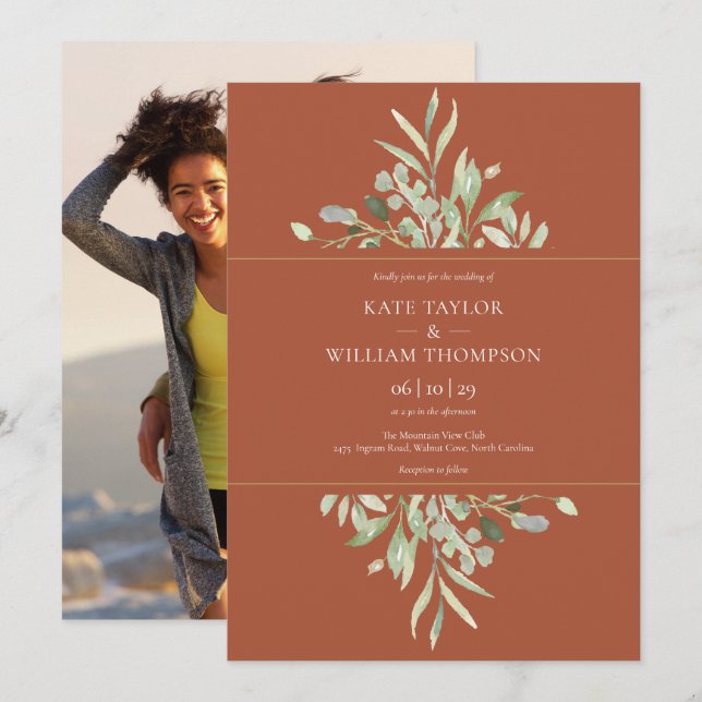Invitation Terracotta Eucalyptus Mariage photo (Devant / Derrière)