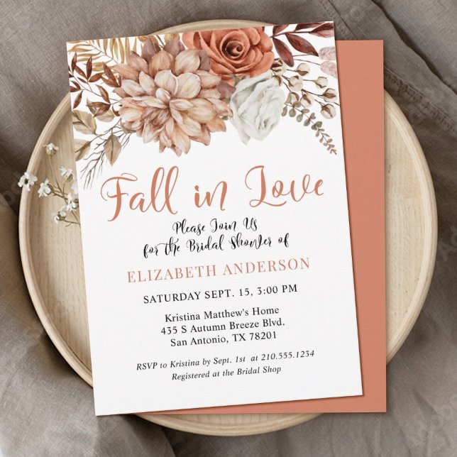 Invitation Terracotta Fall Boho Fête des mariées florale (An elegant terracotta Autumn themed bridal shower invitation with the, words,"Fall in love")
