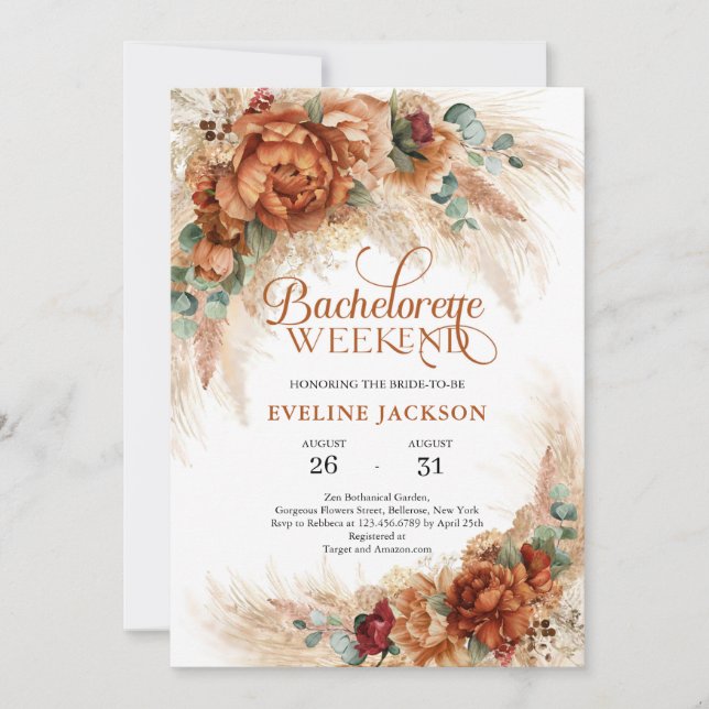 Invitation Terracotta fleurs pampas Bachelorette Week-end (Devant)