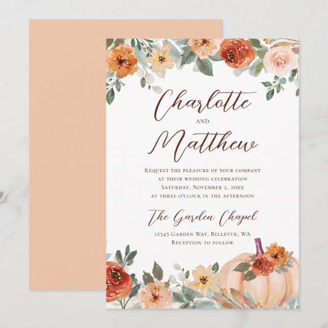 Invitation Terracotta Floral Automne Citrouille Mariage (Devant / Derrière)