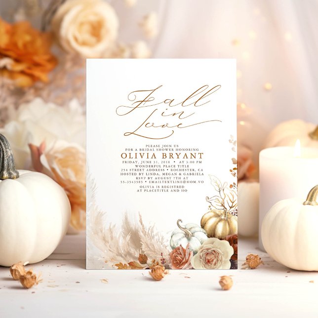 Invitation Terracotta Floral Citrouilles Automne Fête des mar (Fall in Love Bridal Shower Invitations featuring Earthy Flowers and Gold Pumpkins)
