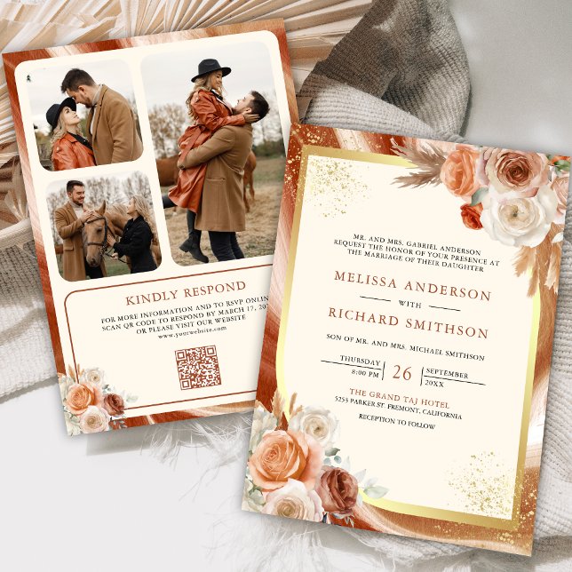 Invitation Terracotta Floral Cream Gold Photo QR Code Mariage (Créateur téléchargé)