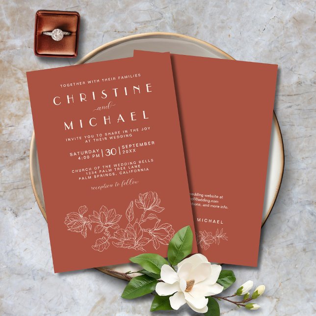Invitation Terracotta Floral Élégant Mariage formel (Terracotta Floral Elegant Formal Wedding Invitation with Magnolias Line Art, Ivory, Script Fonts.)