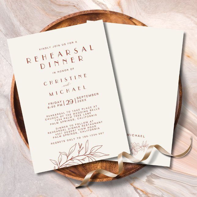 Invitation Terracotta Floral Élégante Répétition Mariage mode (Terracotta Floral Elegant Modern Wedding Rehearsal Dinner Invitation with Magnolia Leaves Line Art.)