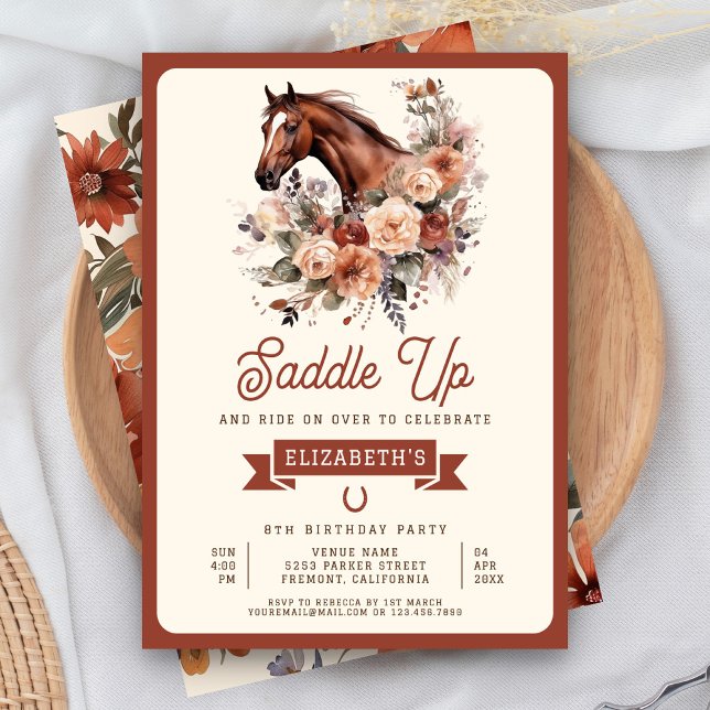 Invitation Terracotta Floral Horse Cowgirl fête d'anniversair (Créateur téléchargé)