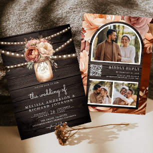 Invitation Terracotta Floral Mason Jar Wood QR Code Mariage